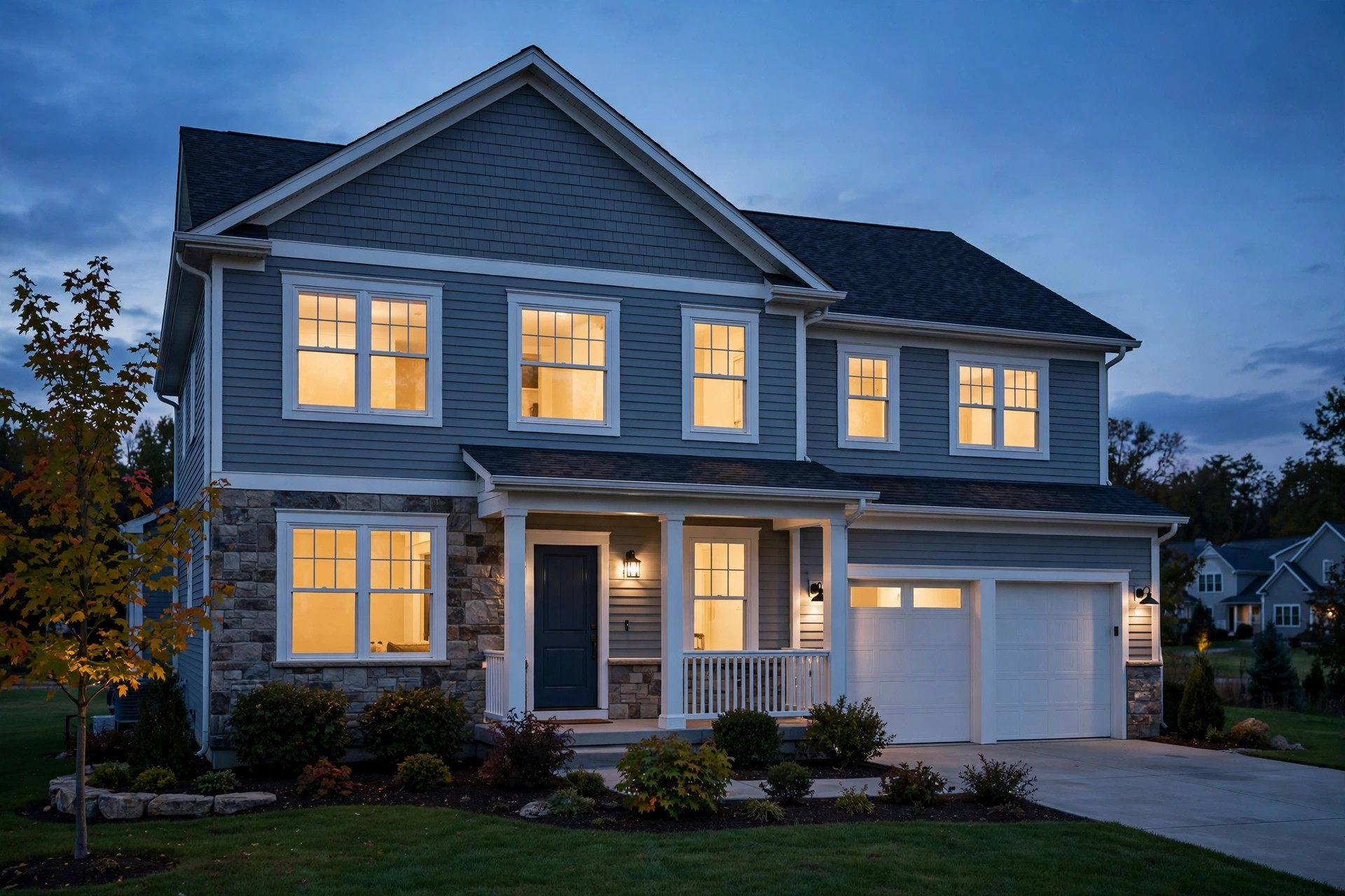 Beautiful suburban home with Andersen replacement windows at dusk