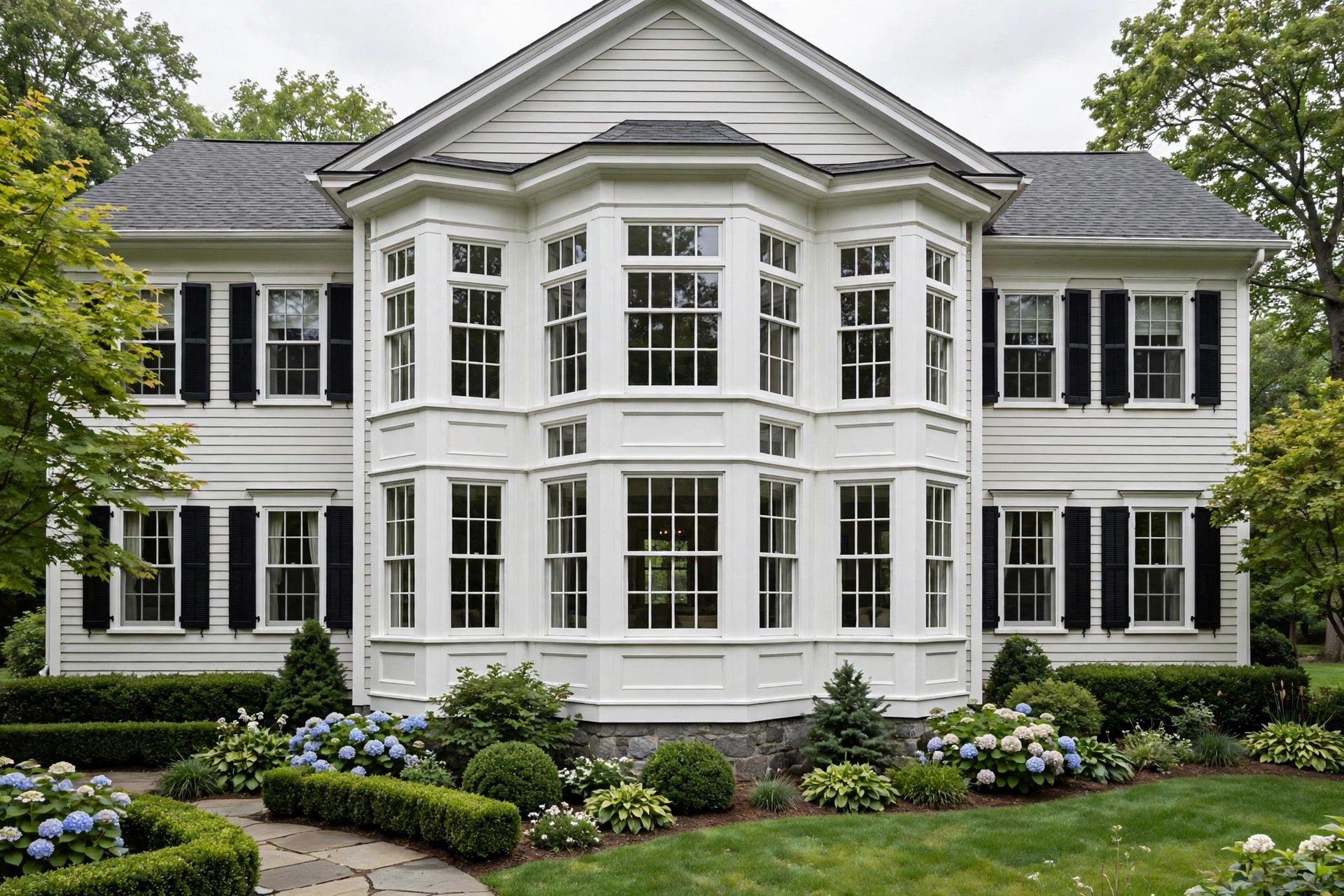 White three-section bay window projecting from an American home
