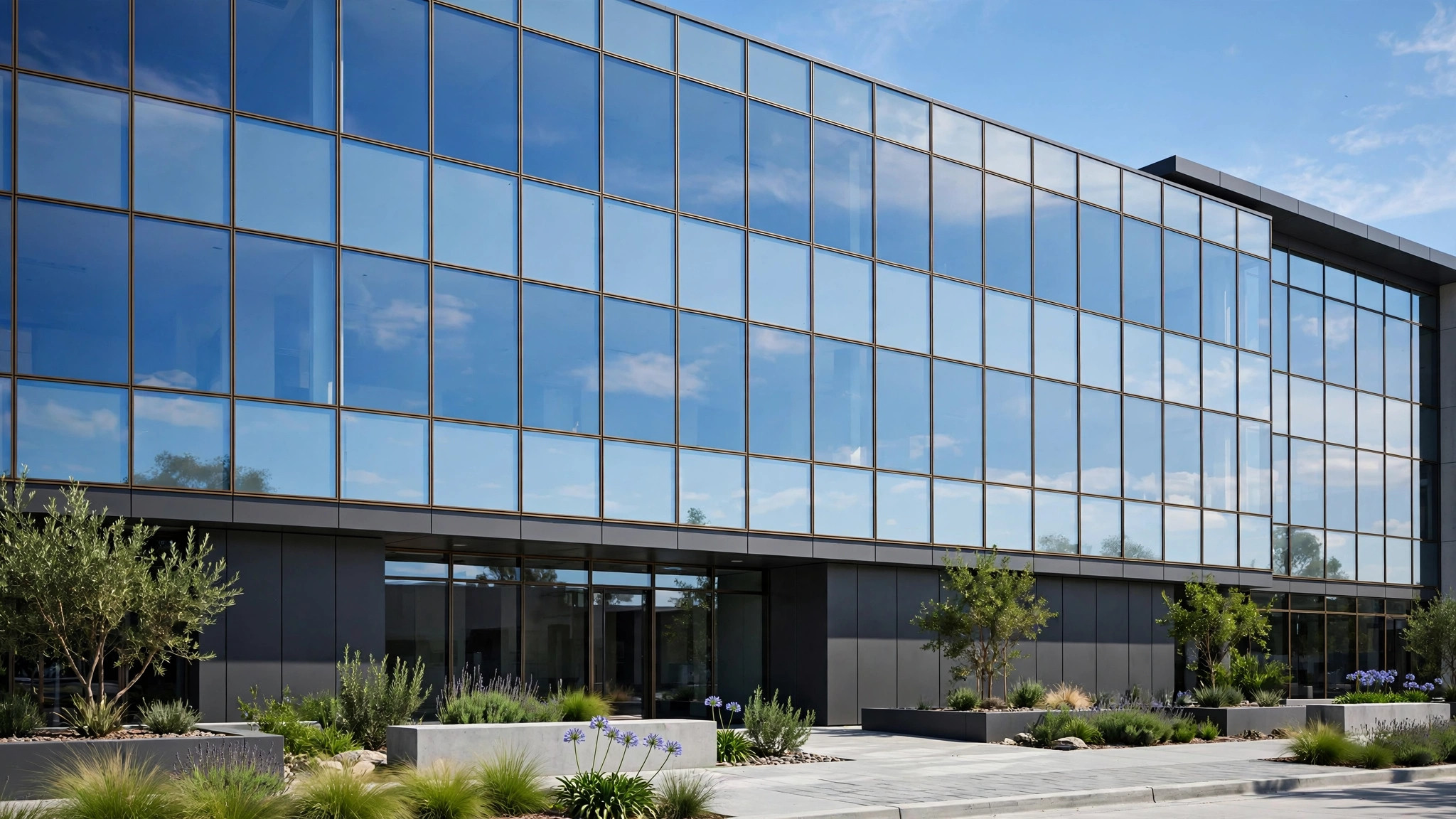 Commercial building facade with newly replaced double pane insulated glass panels