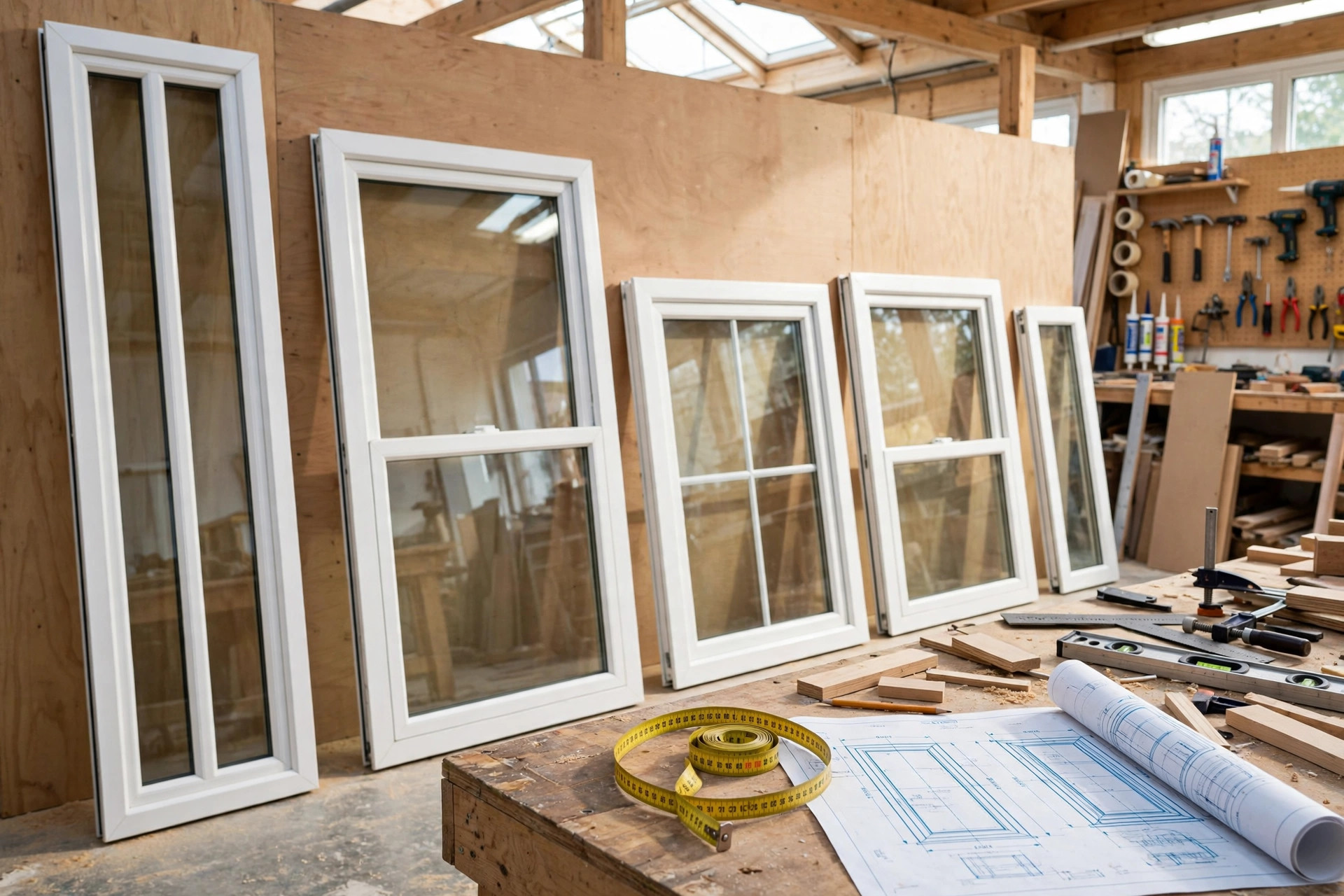 Custom-size replacement windows in various dimensions with measuring tape and blueprint