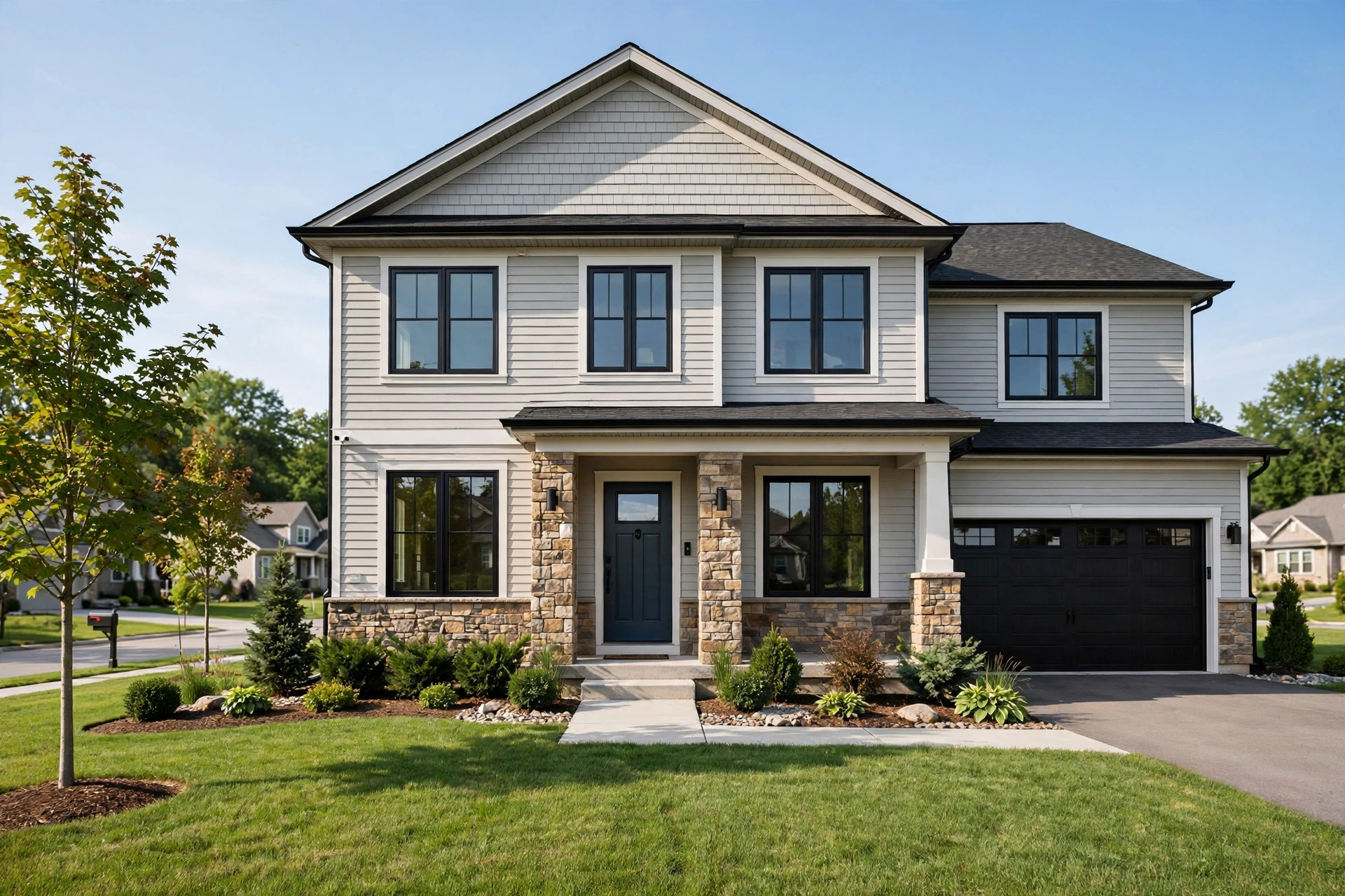 American home with new energy-efficient replacement windows boosting curb appeal
