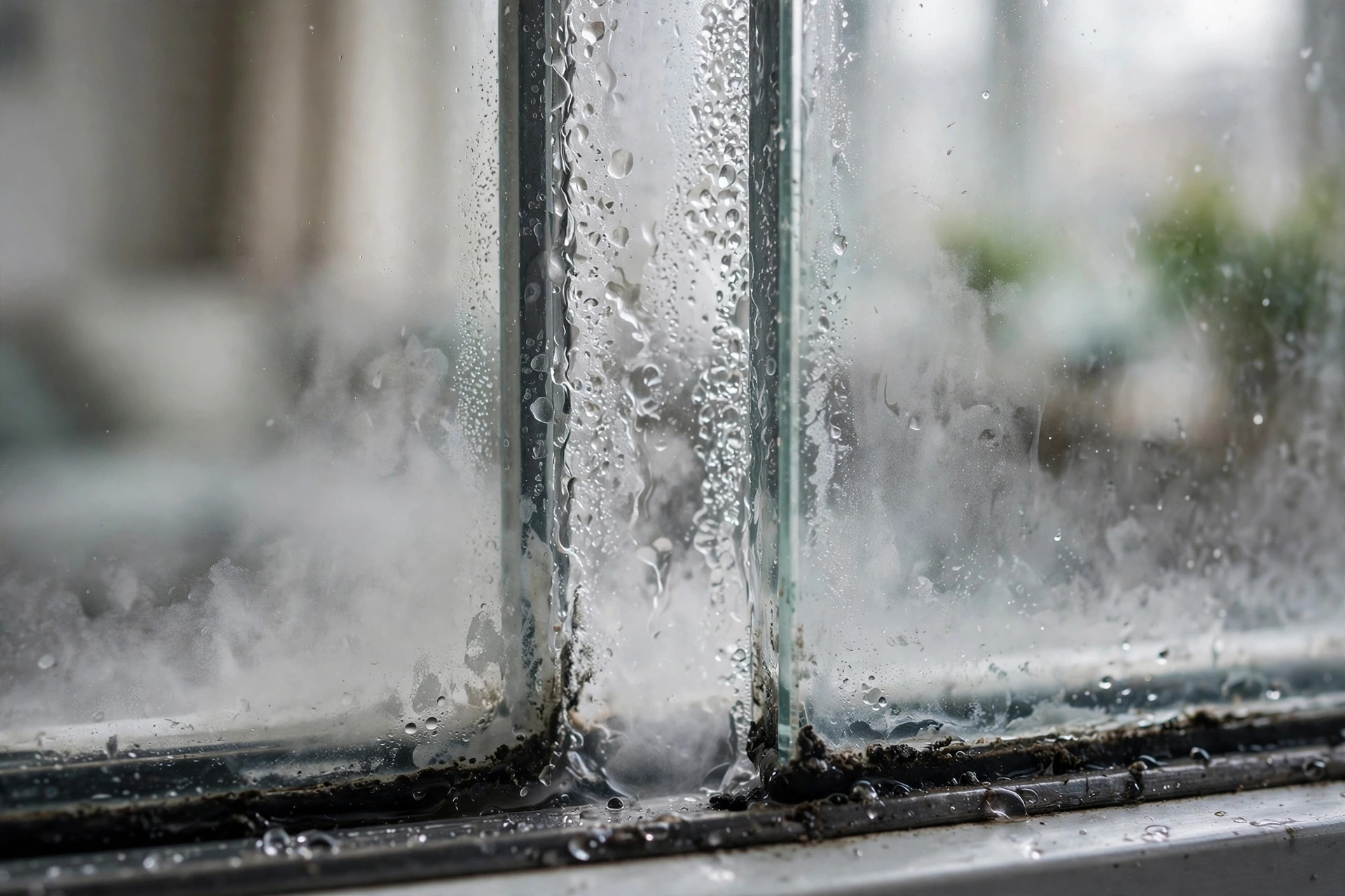 Foggy double-pane window with condensation between the panes caused by a failed window seal