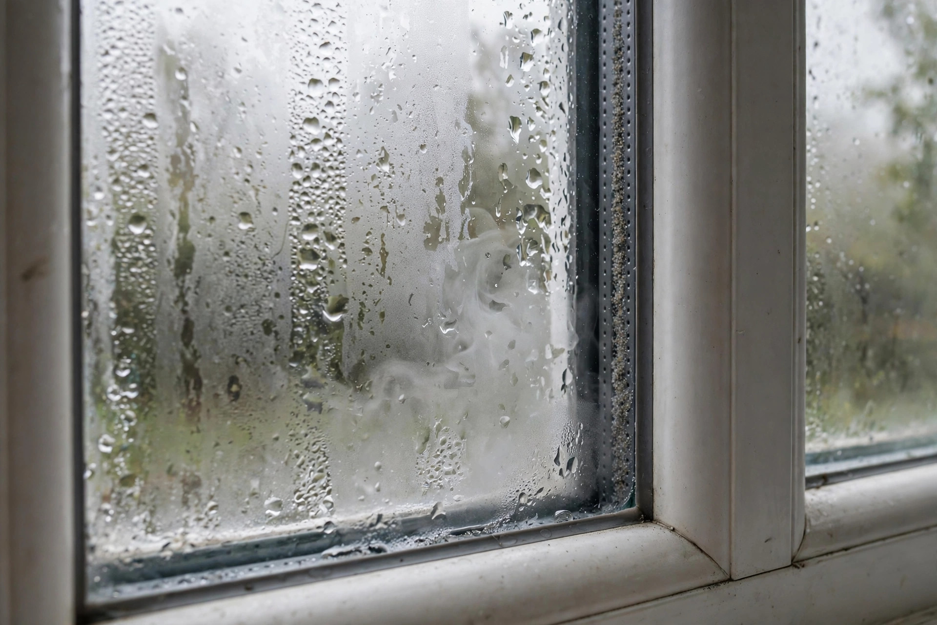 Close-up of a foggy double-pane residential window with condensation trapped between glass panes