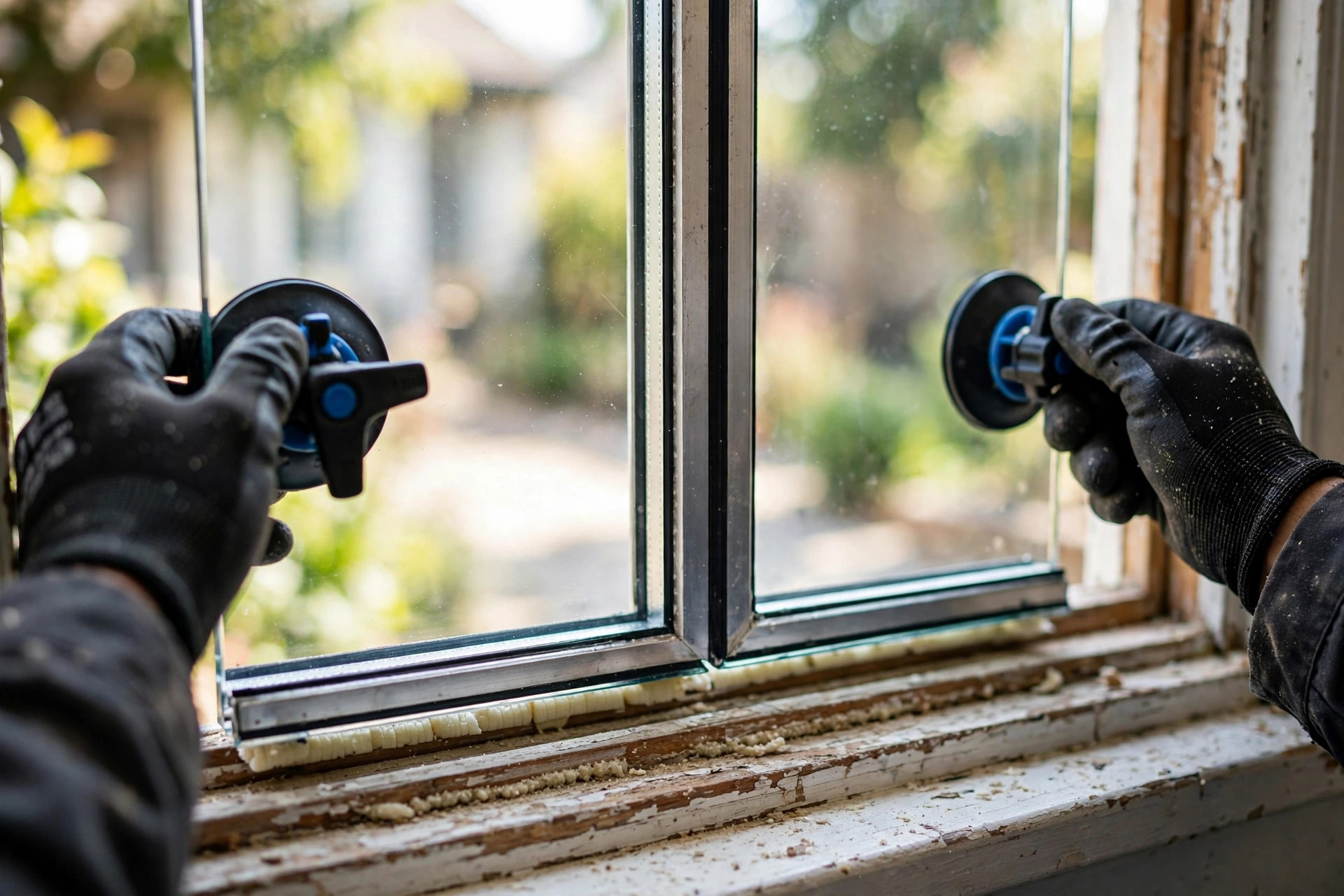 Technician fitting a new double pane insulated glass unit into an existing window frame