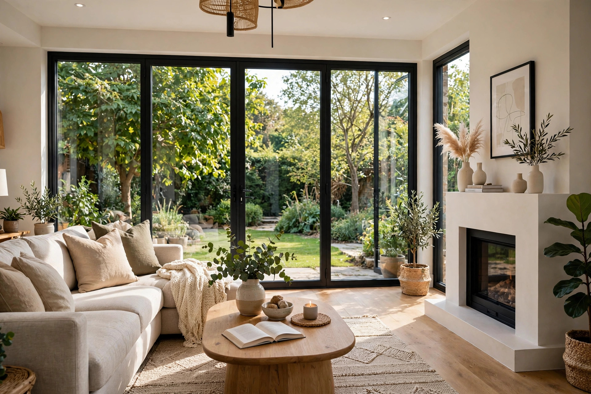 Bright living room with large premium black-framed Marvin fiberglass windows