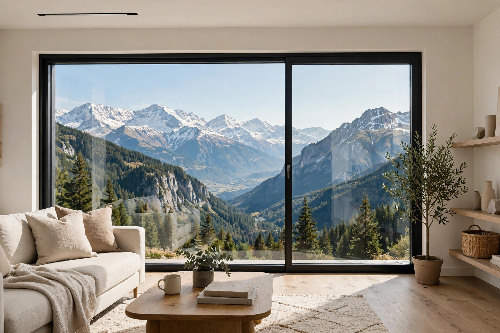 Large modern picture window with panoramic mountain view