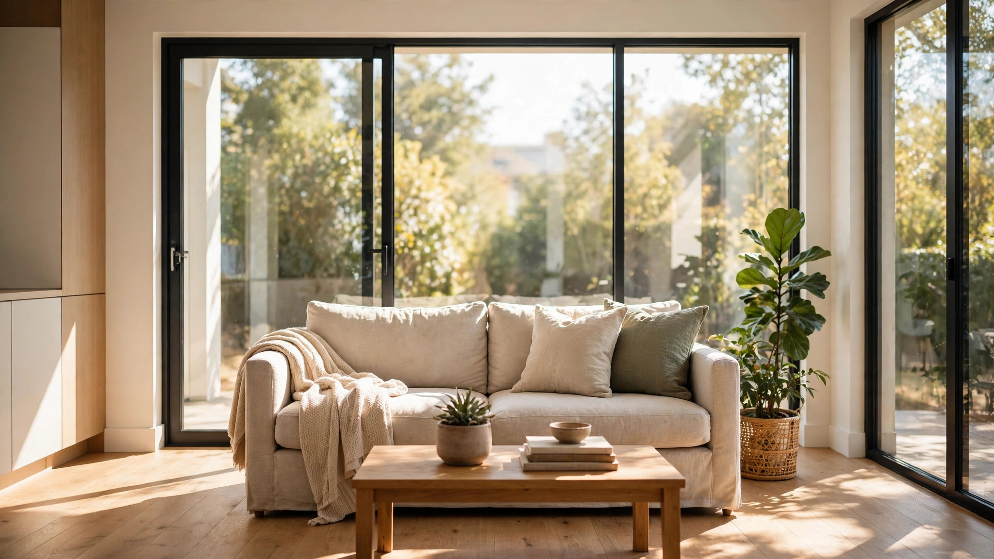 Bright living room with newly replaced home window glass letting in daylight