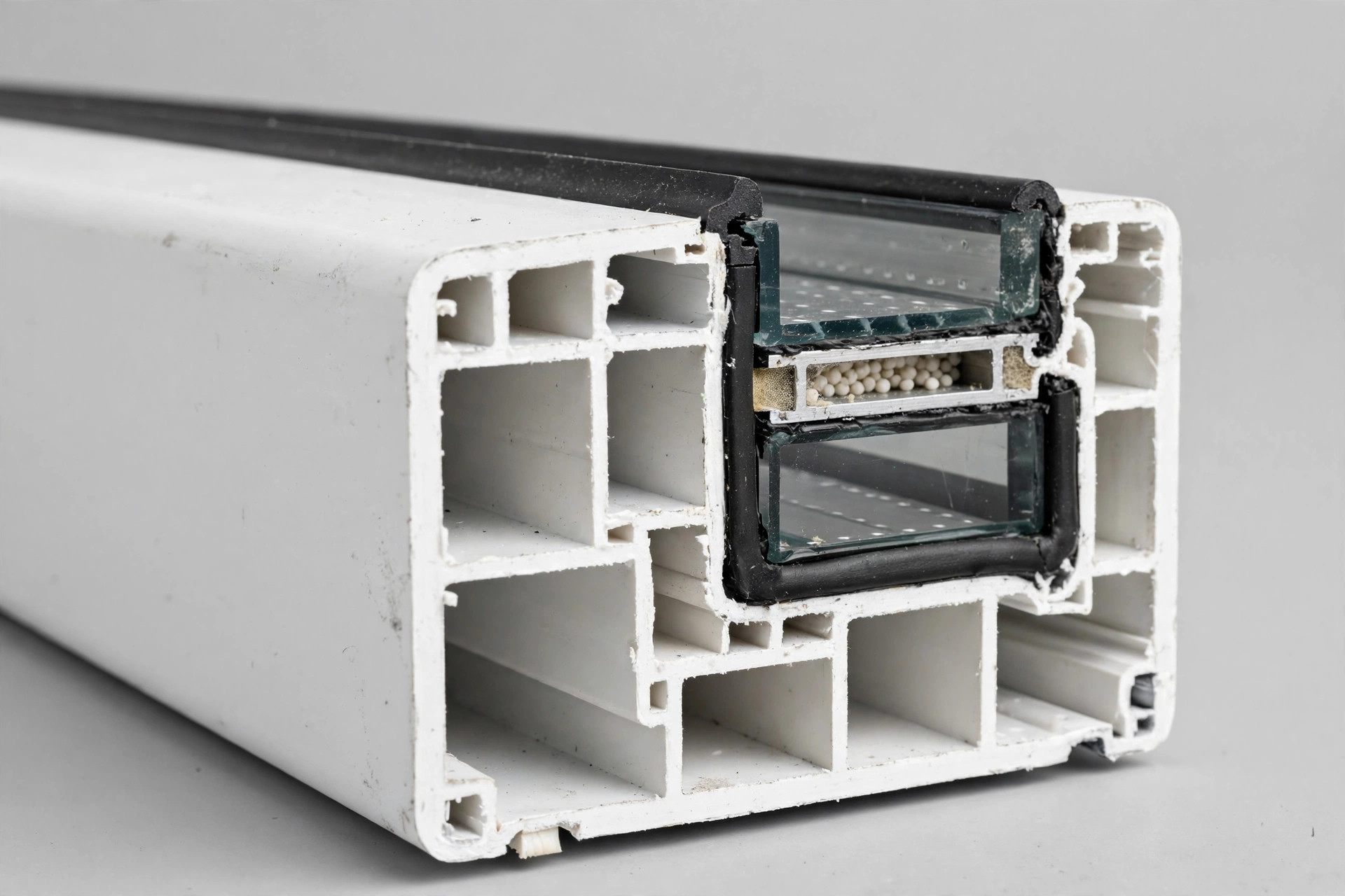 Cross-section of a vinyl window frame showing multi-chamber insulation and Low-E double pane glass