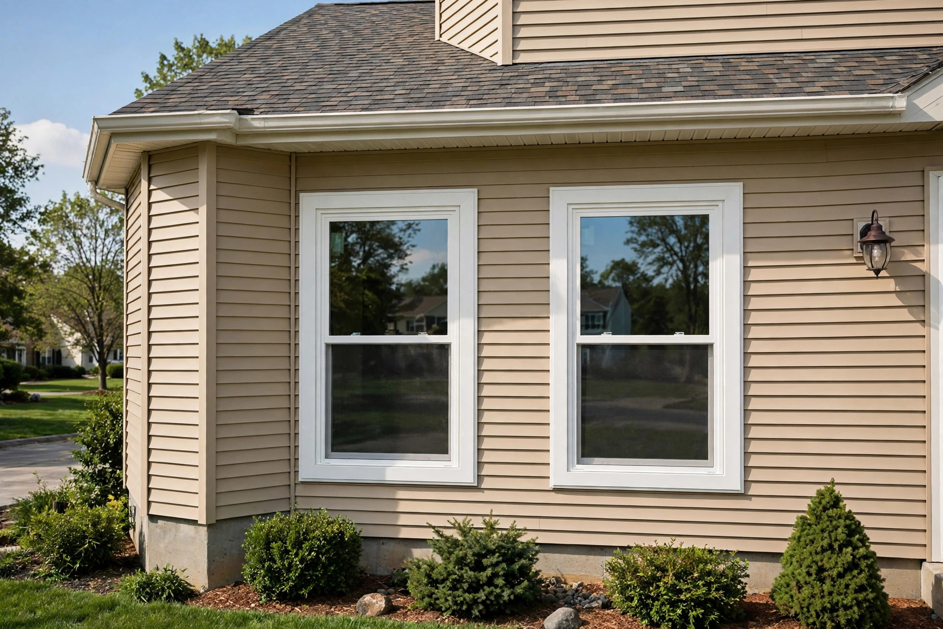 White vinyl double-hung replacement windows installed on a suburban American home