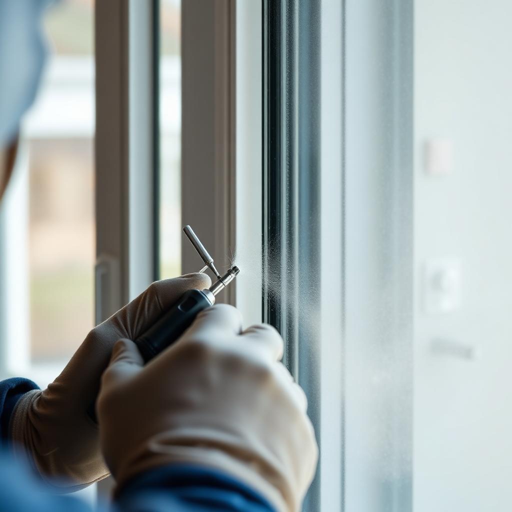 Technician performing window defogging on a foggy double-pane residential window