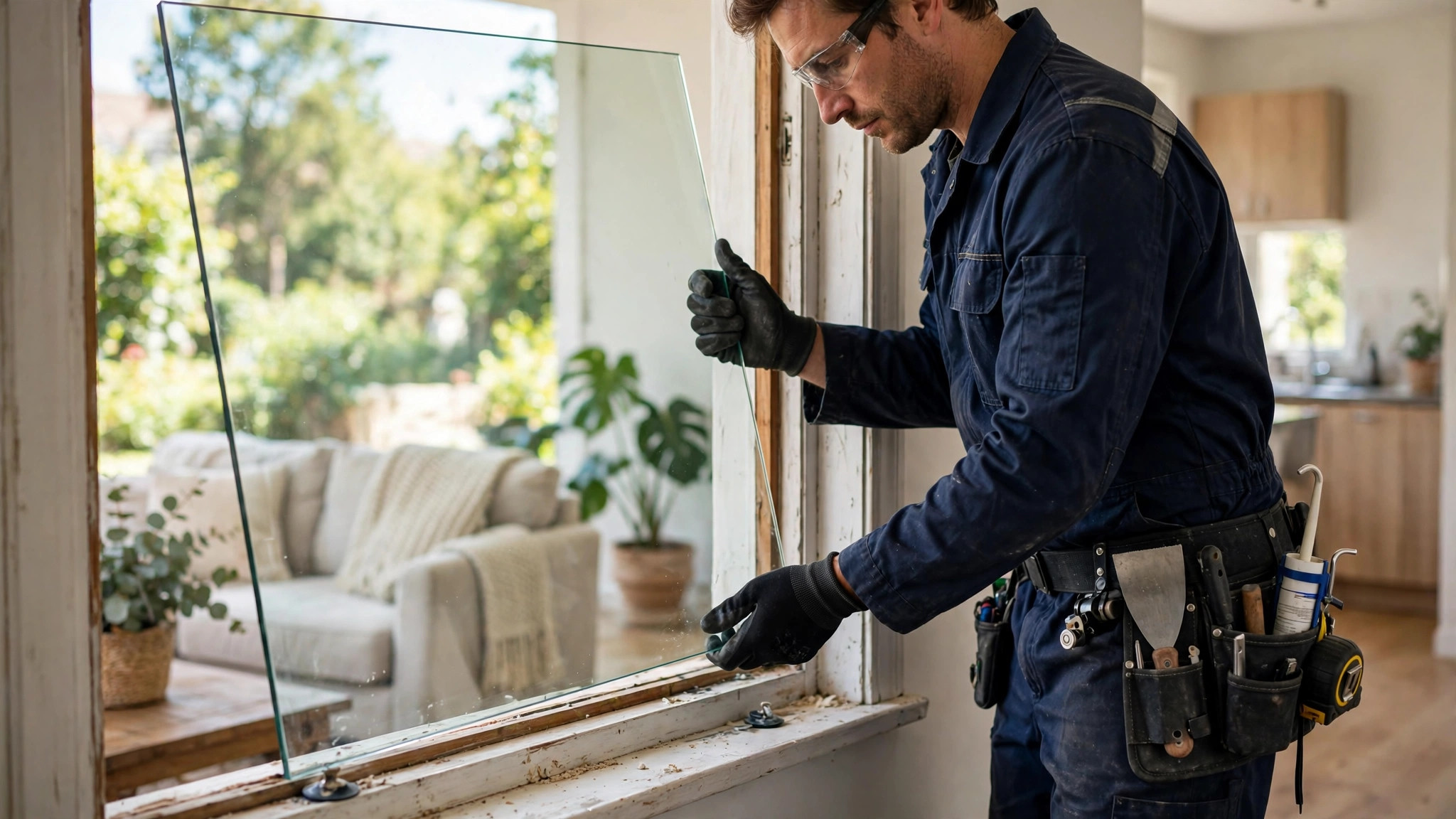 Technician carefully fitting a new pane during a residential window glass replacement
