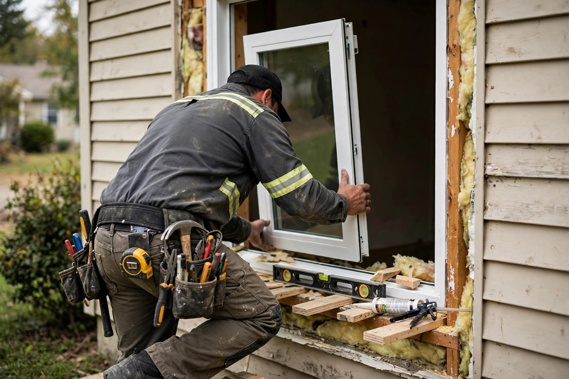 Professional installer fitting a new replacement window in a residential home