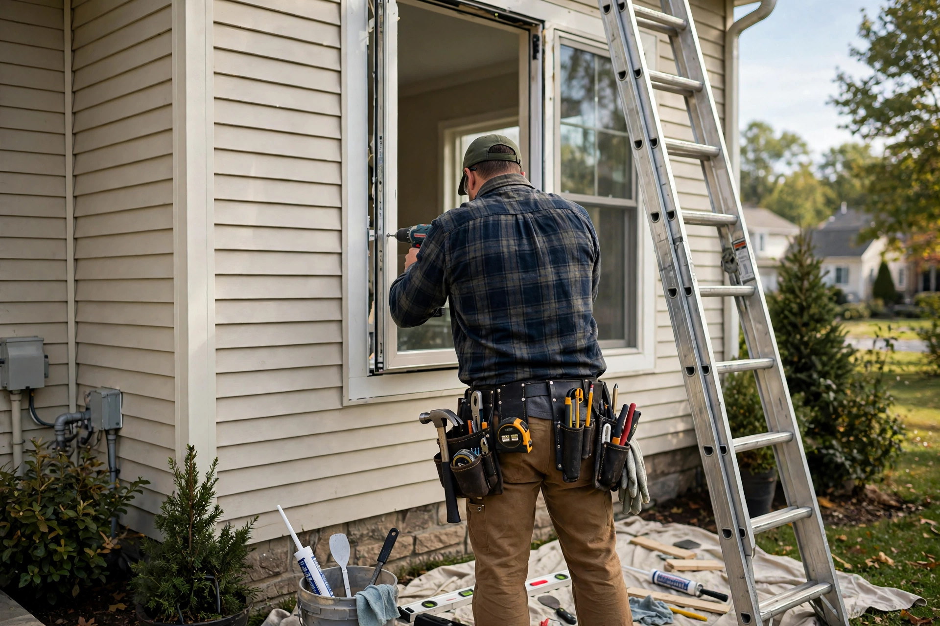 Professional contractor installing a replacement window