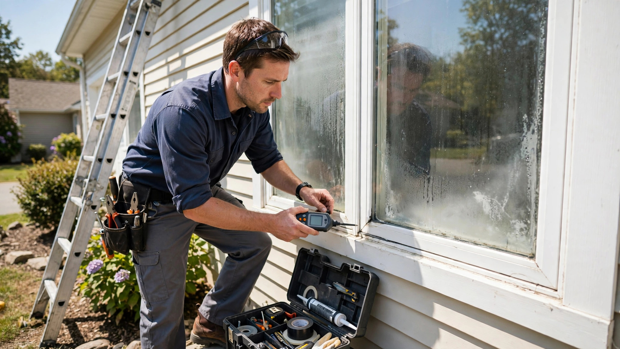 Professional Window Seal Repair Certified technician inspecting a failed double-pane window seal on a residential home